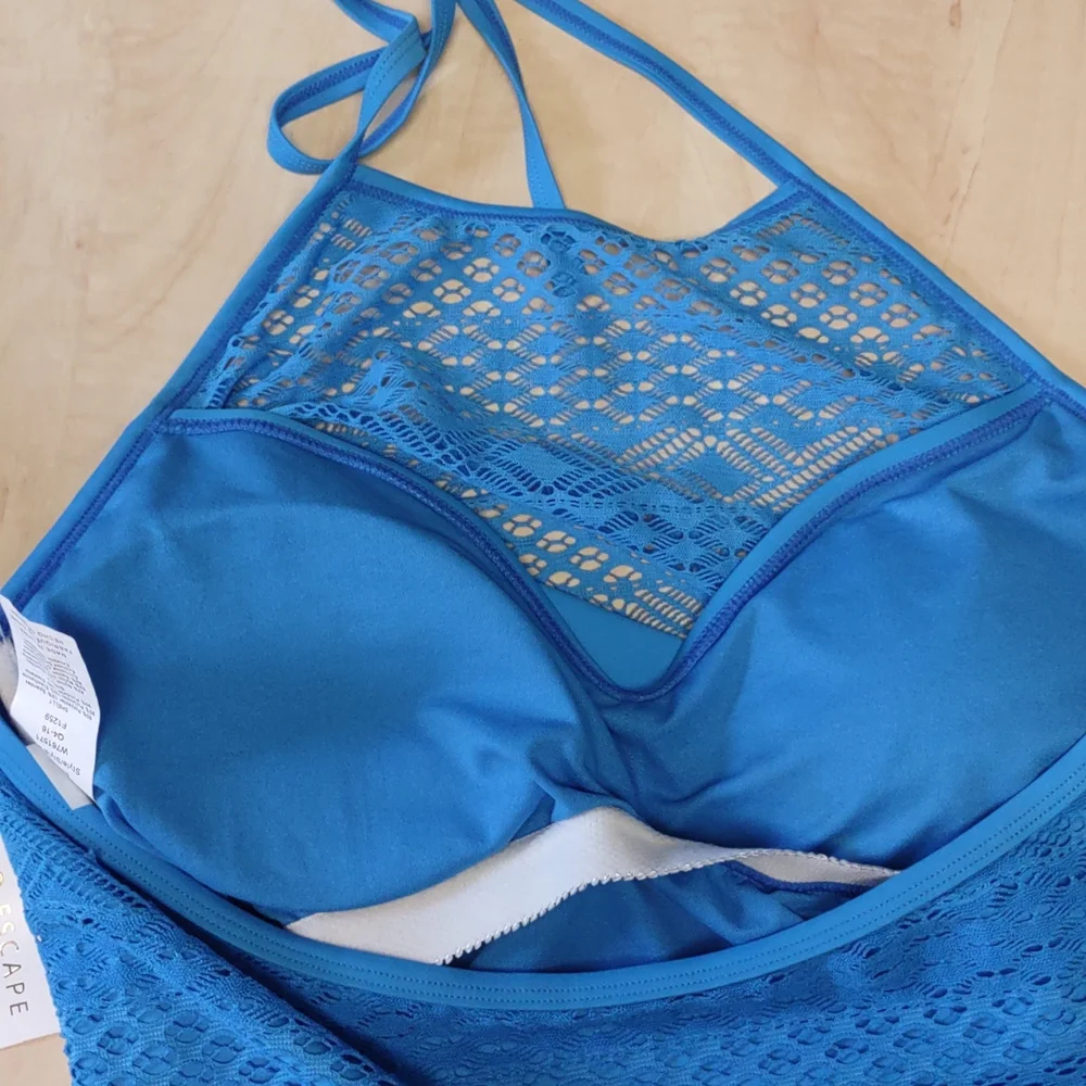Island Escape Sky High-Neck Crochet Tankini Top   16 Blue - Picture 9 of 10